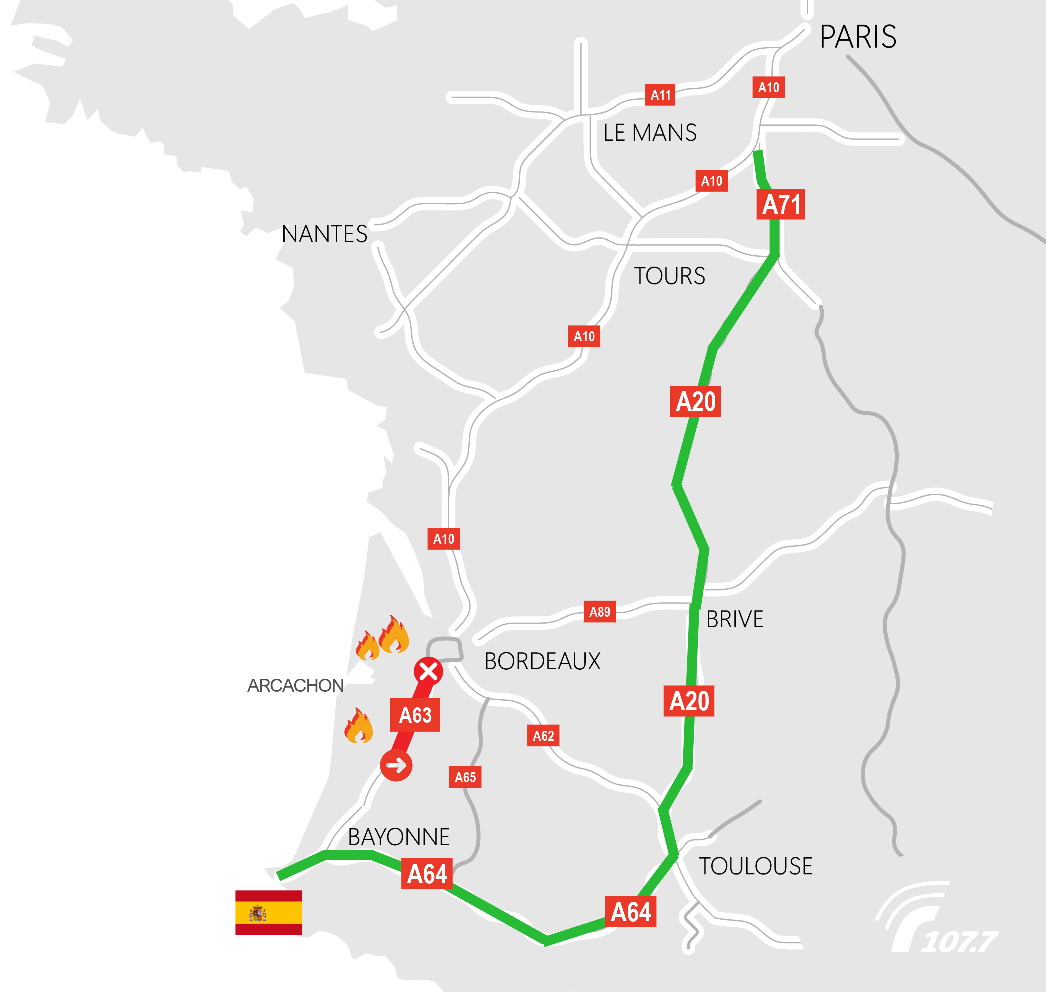 Incendies en Gironde et dans les Landes : A63 fermée entre Bordeaux et le Pays Basque ce samedi soir