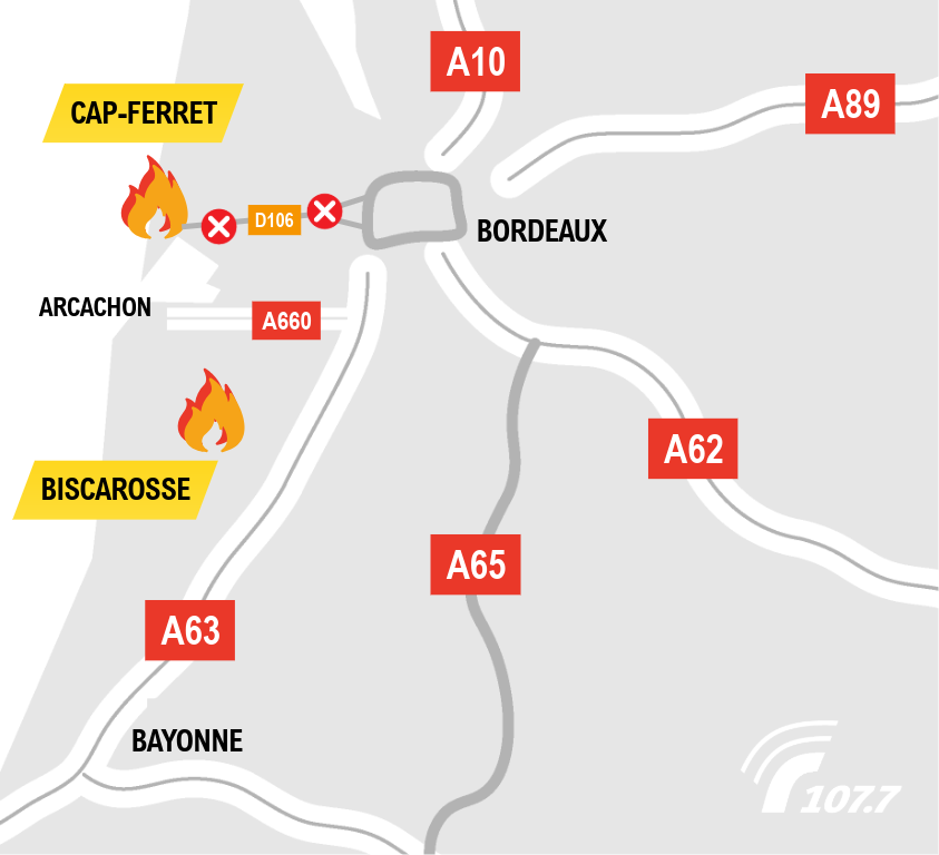 A10 - A63 - A660 - D106 - Cap-Ferret, Lège, Biscarrosse : accès impossible à plusieurs secteurs