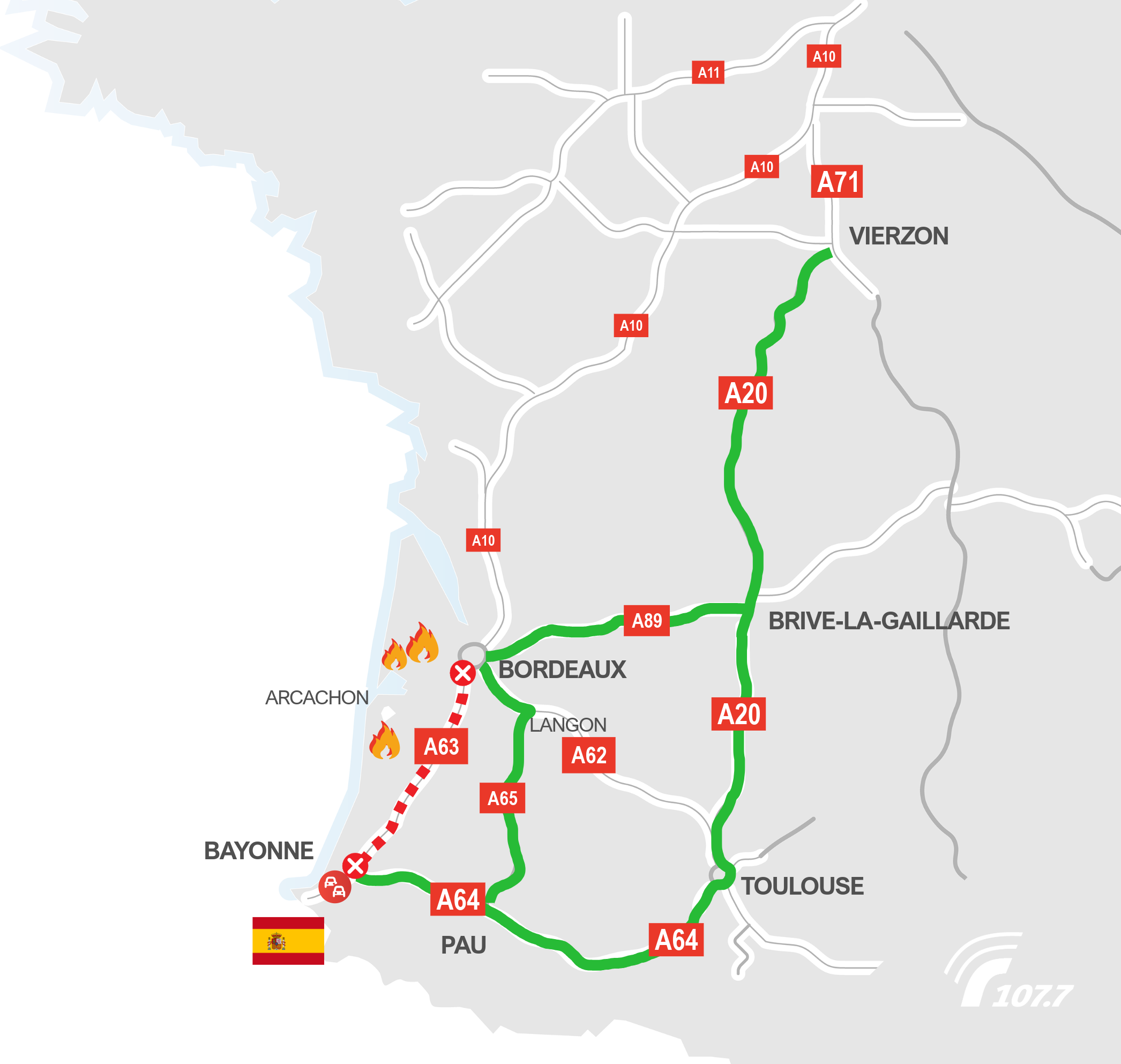 Carte. Incendies Gironde - Landes : A63 toujours fermée ce mardi 28 juillet, bouchons et déviations