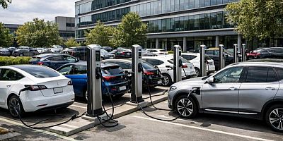 Des voitures électriques dans le parking d'une entreprise - Illustration